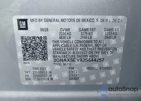 2018 Chevrolet Equinox Lt из США, поврежденный, VIN 3GNAXSEV9JS644257